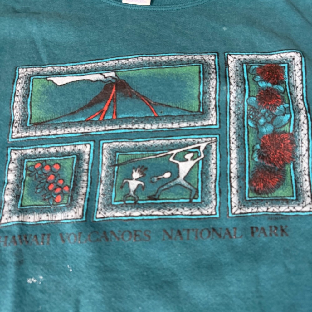 Vintage Jerzees Hawaii Volcanoes National Park Sweatshirt Teal Mens Large USA C+ - Picture 2 of 10